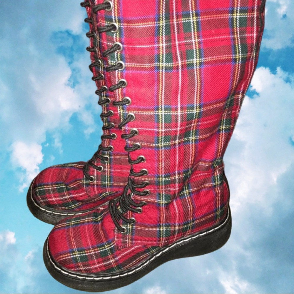 Red Plaid Knee High Platform Boots
